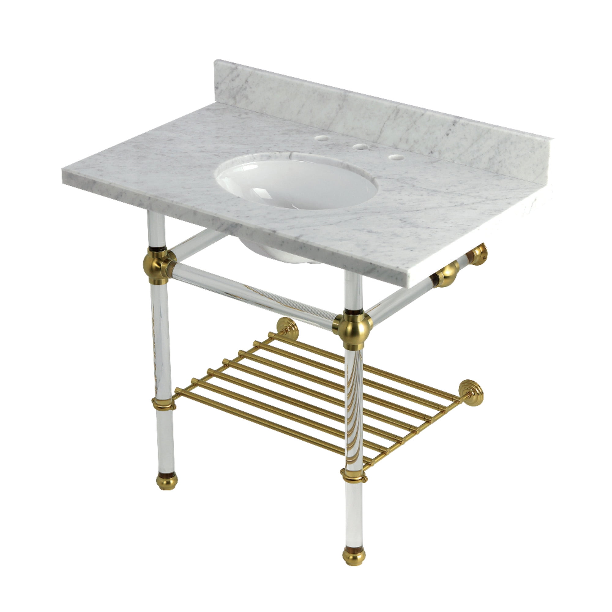 Kingston Brass KVPB3630MAB7 Templeton 36" Carrara Marble Console Sink with Acrylic Legs and Shelf (8-Inch, 3-Hole), Carrara Marble White/Brushed Brass