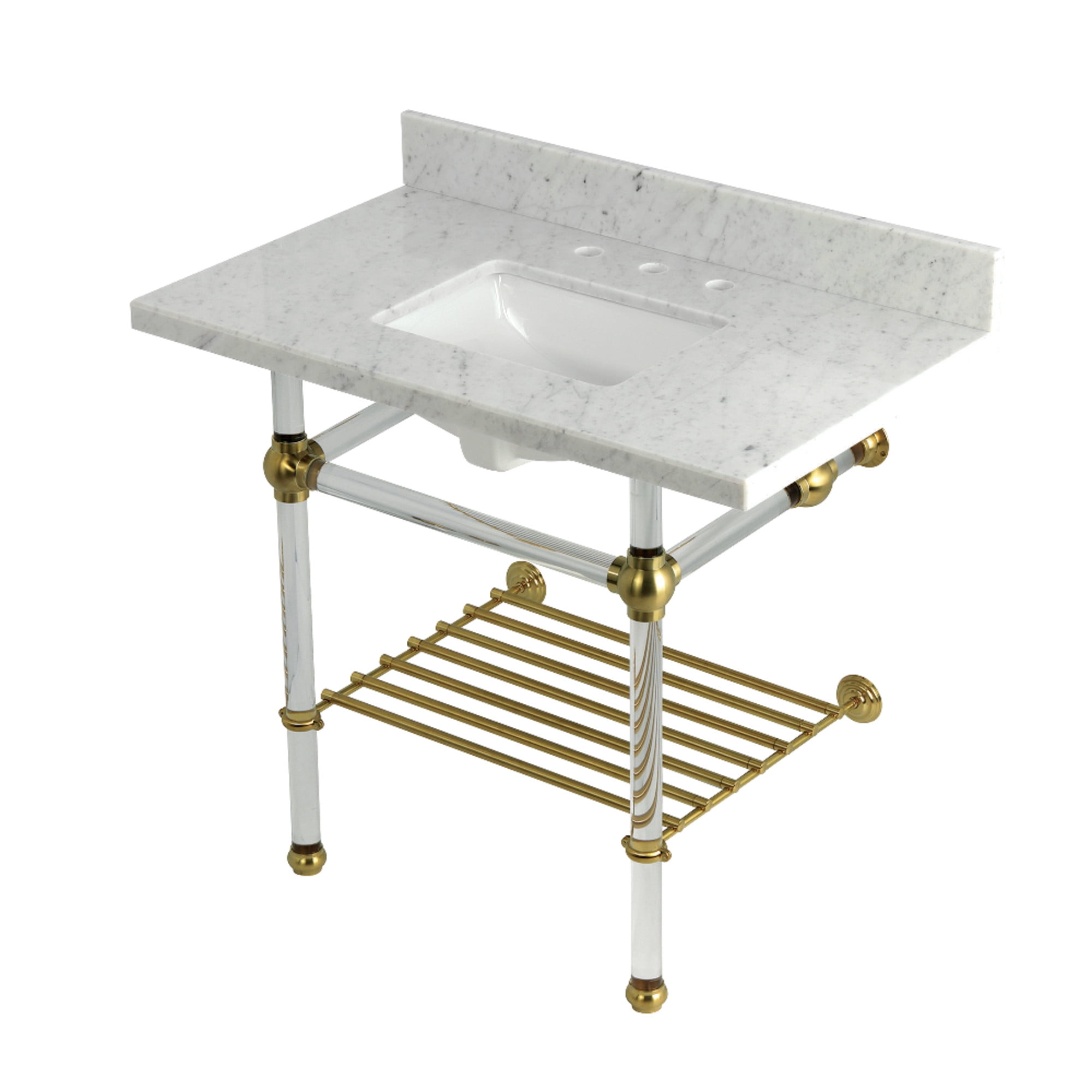 Kingston Brass KVPB3630MASQB7 Templeton 36" Carrara Marble Console Sink with Acrylic Legs and Shelf (8-Inch, 3-Hole), Carrara Marble White/Brushed Brass