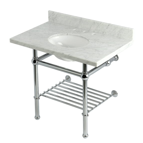 Kingston Brass KVPB3630MBB1 Templeton 36" Carrara Marble Console Sink with Brass Legs and Shelf (8-Inch, 3-Hole), Carrara Marble White/Polished Chrome