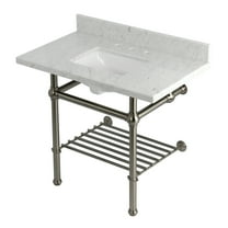 Kingston Brass KVPB3630MBSQB8 Templeton 36" Carrara Marble Console Sink with Brass Legs and Shelf (8-Inch, 3-Hole), Carrara Marble White/Brushed Nickel