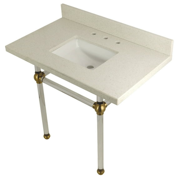 Kingston Brass KVPB3630WQASQ7 Templeton 36" x 22" White Quartz Console Sink with Clear Acrylic Feet, White Quartz/Brushed Brass