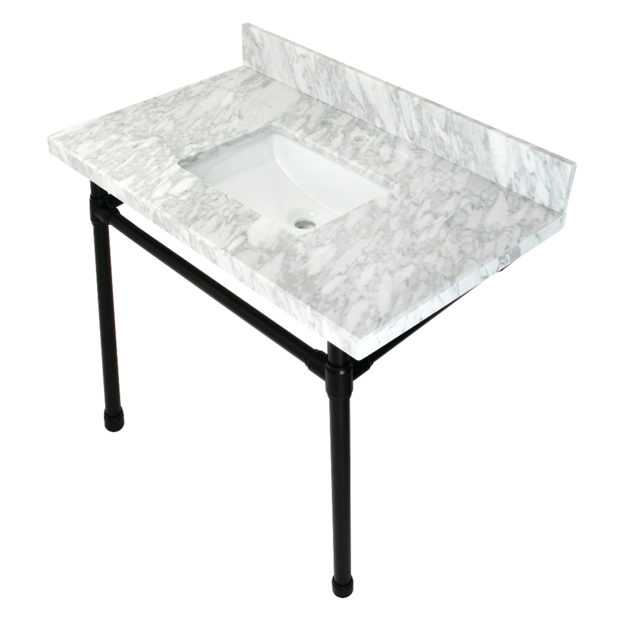 Kingston Brass KVPB36M8SQ0ST Dreyfuss 36" Carrara Marble Vanity Top with Stainless Steel Legs (8-Inch, 3-Hole), Carrara Marble White/Matte Black