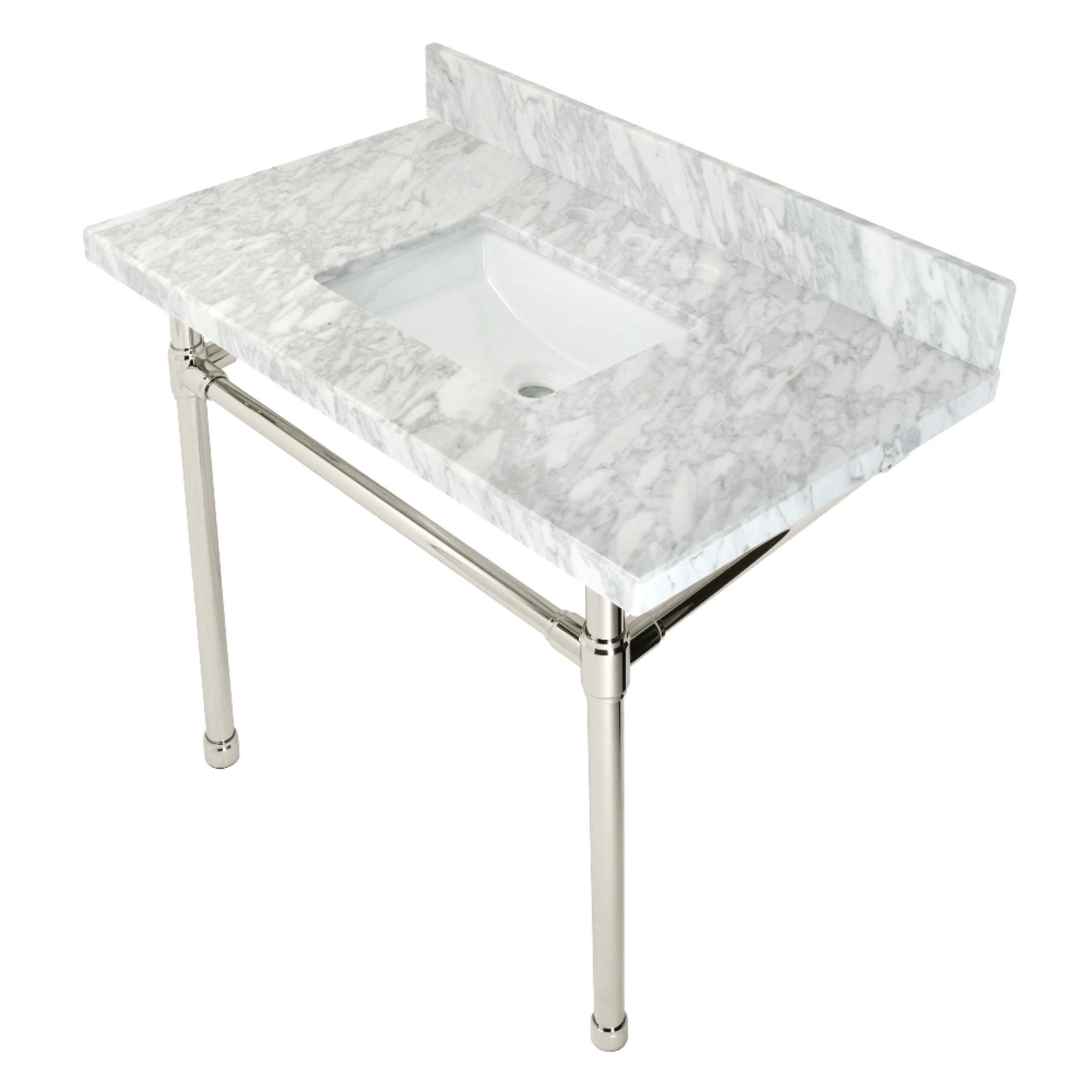 Kingston Brass KVPB36M8SQ6ST Dreyfuss 36" Carrara Marble Vanity Top with Stainless Steel Legs (8-Inch, 3-Hole), Carrara Marble White/Polished Nickel