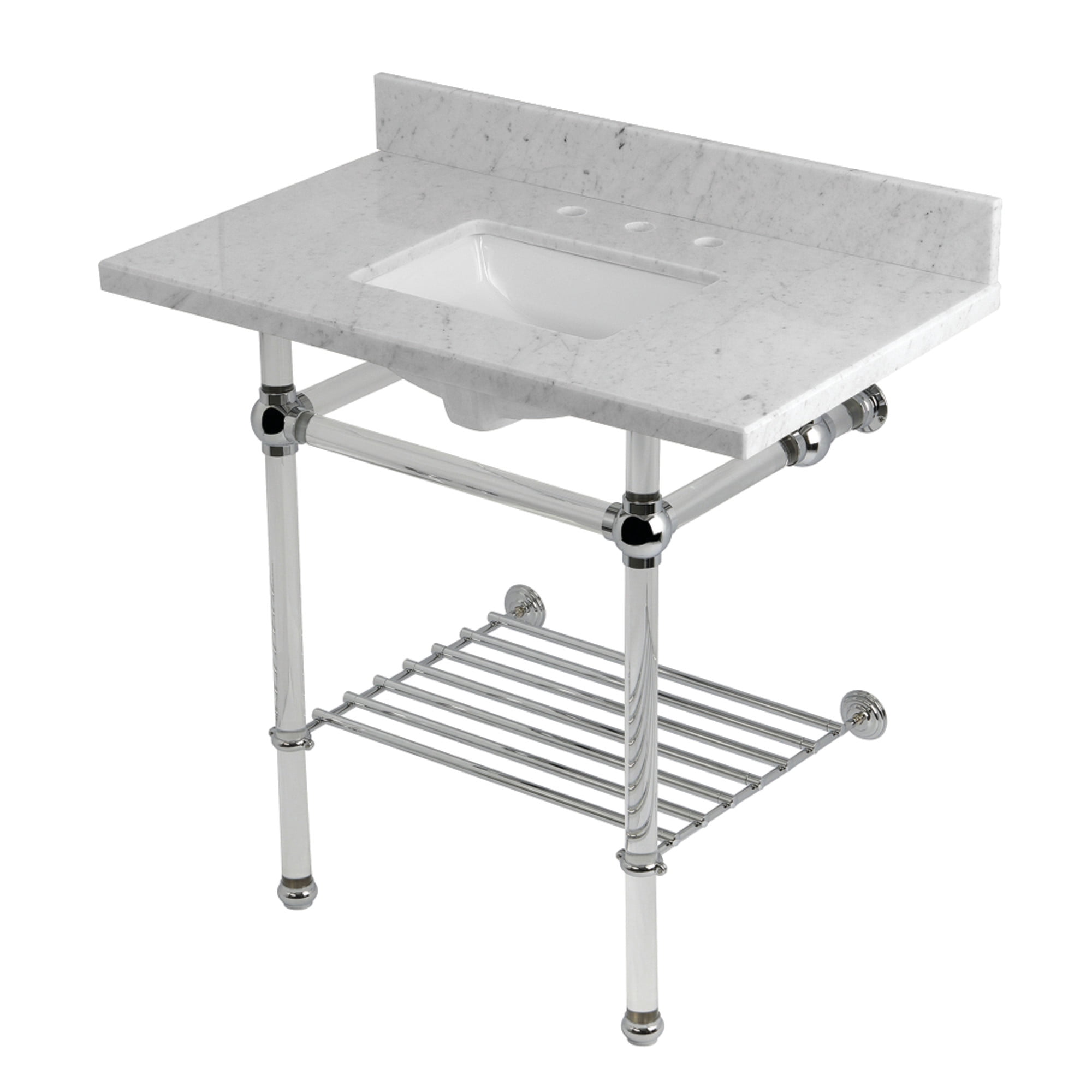 Kingston Brass KVPB36MASQB1 Templeton 36" Carrara Marble Console Sink with Acrylic Legs and Shelf (8-Inch, 3-Hole), Carrara Marble White/Polished Chrome