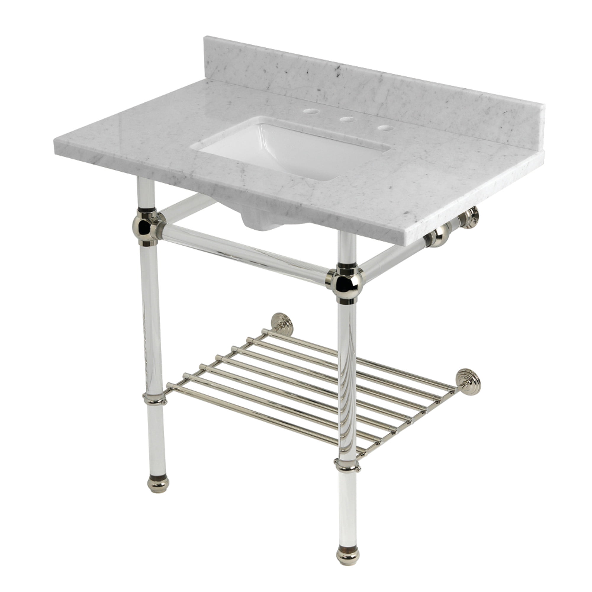 Kingston Brass KVPB36MASQB6 Templeton 36" Carrara Marble Console Sink with Acrylic Legs and Shelf (8-Inch, 3-Hole), Carrara Marble White/Polished Nickel