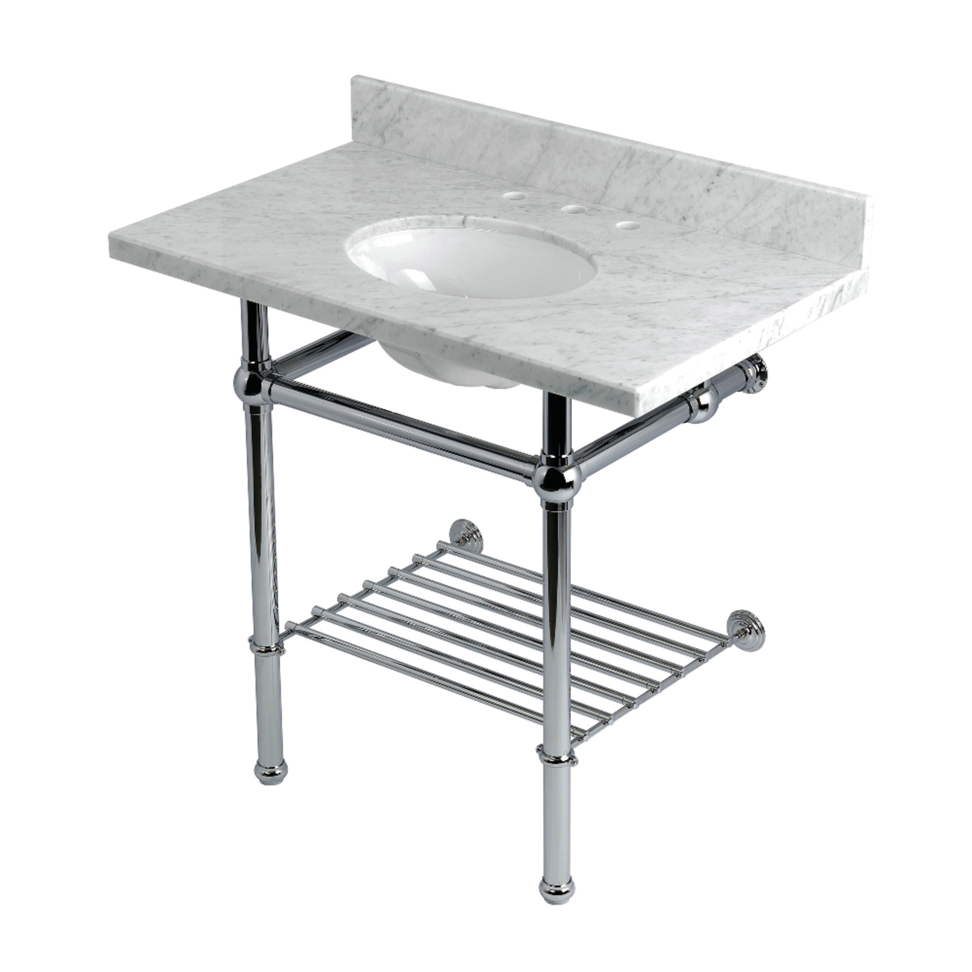 Kingston Brass KVPB36MBB1 Templeton 36" Carrara Marble Console Sink with Brass Legs and Shelf (8-Inch, 3-Hole), Carrara Marble White/Polished Chrome