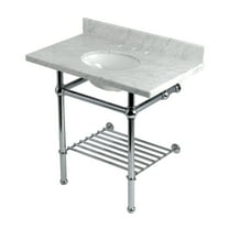 Kingston Brass KVPB36MBB1 Templeton 36" Carrara Marble Console Sink with Brass Legs and Shelf (8-Inch, 3-Hole), Carrara Marble White/Polished Chrome