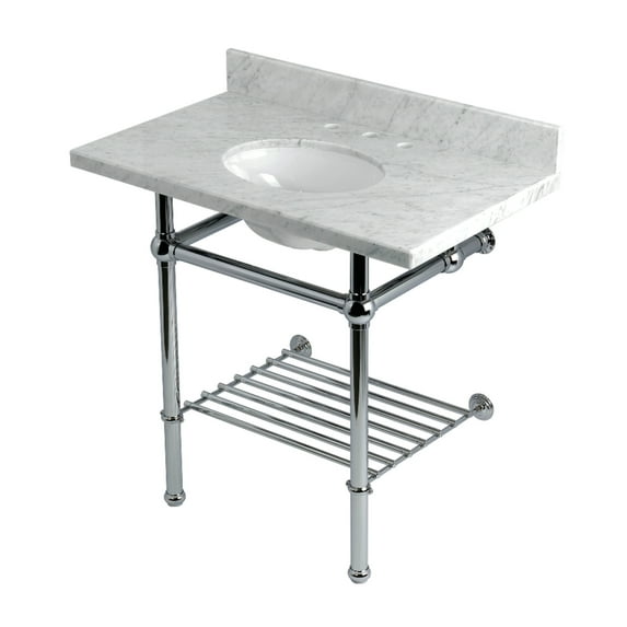 Kingston Brass KVPB36MBB1 Templeton 36" Carrara Marble Console Sink with Brass Legs and Shelf (8-Inch, 3-Hole), Carrara Marble White/Polished Chrome