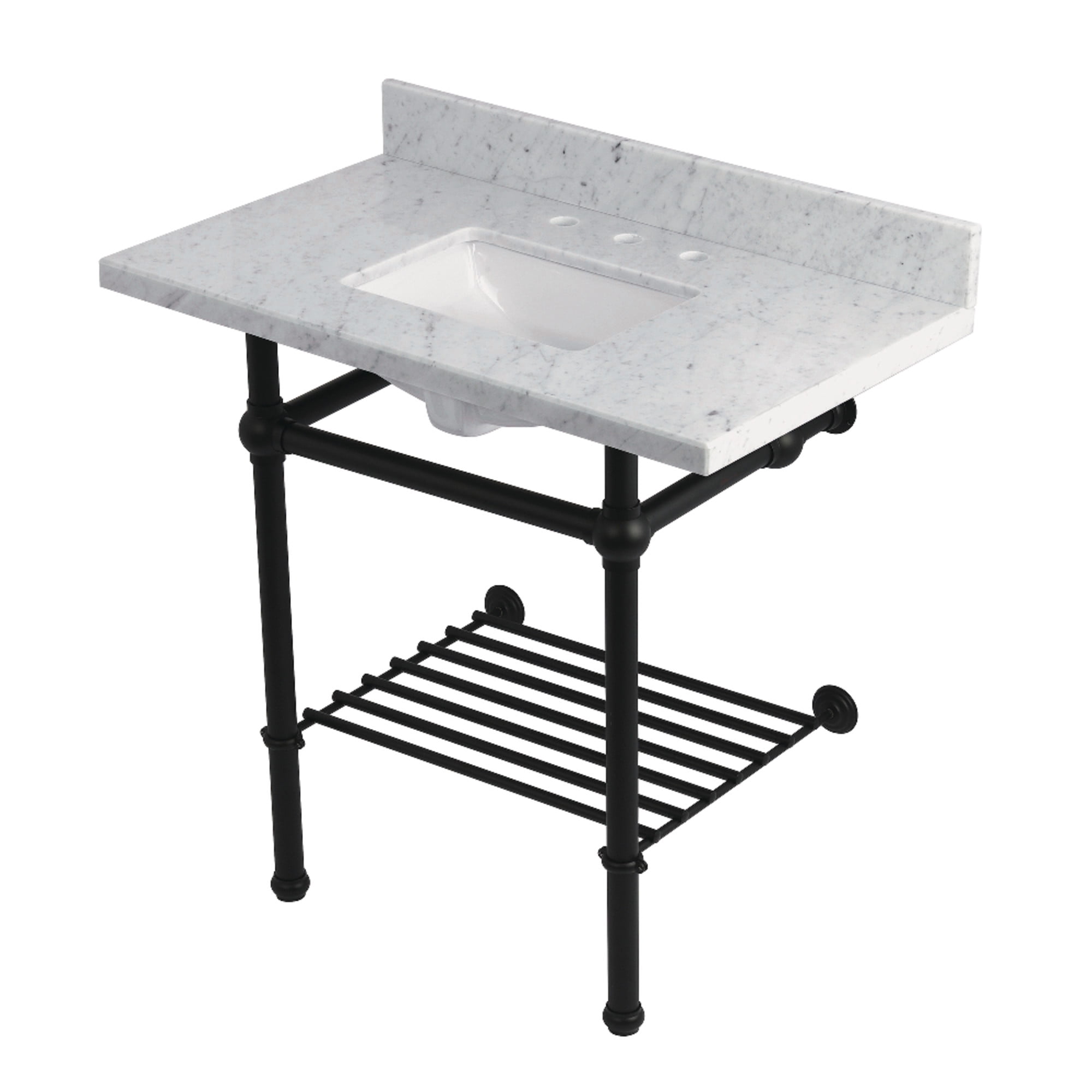 Kingston Brass KVPB36MBSQB0 Templeton 36" Carrara Marble Console Sink with Brass Legs and Shelf (8-Inch, 3-Hole), Carrara Marble White/Matte Black