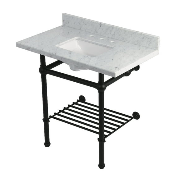 Kingston Brass KVPB36MBSQB0 Templeton 36" Carrara Marble Console Sink with Brass Legs and Shelf (8-Inch, 3-Hole), Carrara Marble White/Matte Black
