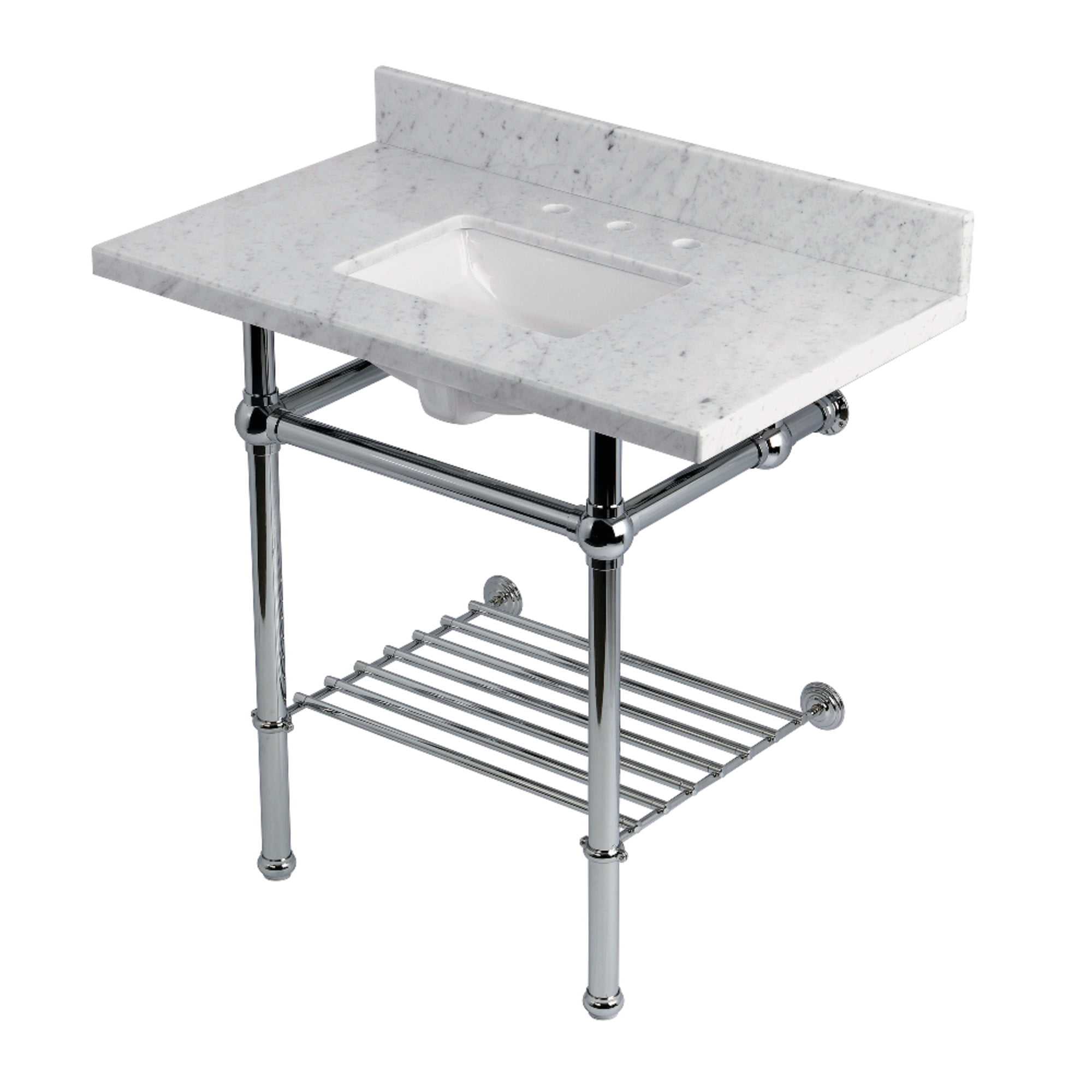Kingston Brass KVPB36MBSQB1 Templeton 36" Carrara Marble Console Sink with Brass Legs and Shelf (8-Inch, 3-Hole), Carrara Marble White/Polished Chrome
