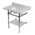 thumbnail image 1 of Kingston Brass KVPB36MBSQB1 Templeton 36" Carrara Marble Console Sink with Brass Legs and Shelf (8-Inch, 3-Hole), Carrara Marble White/Polished Chrome, 1 of 4