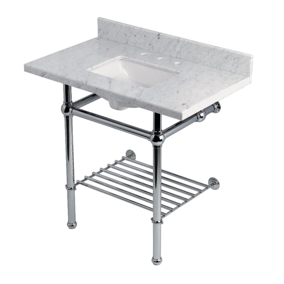Kingston Brass KVPB36MBSQB1 Templeton 36" Carrara Marble Console Sink with Brass Legs and Shelf (8-Inch, 3-Hole), Carrara Marble White/Polished Chrome