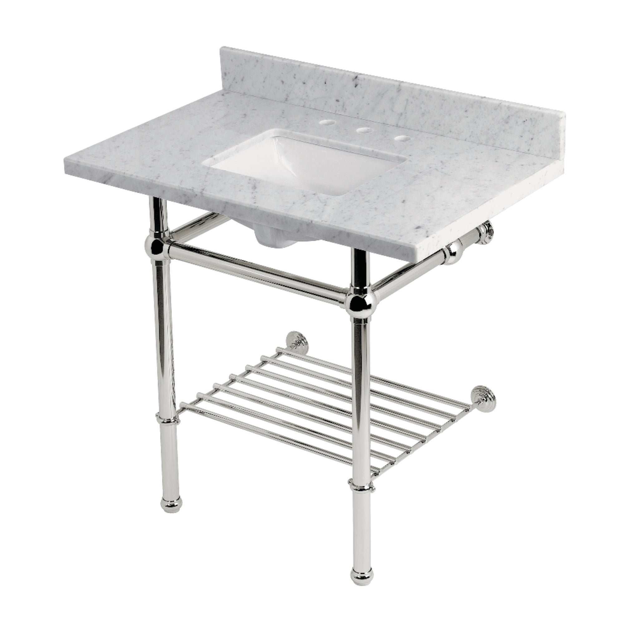 Kingston Brass KVPB36MBSQB6 Templeton 36" Carrara Marble Console Sink with Brass Legs and Shelf (8-Inch, 3-Hole), Carrara Marble White/Polished Nickel