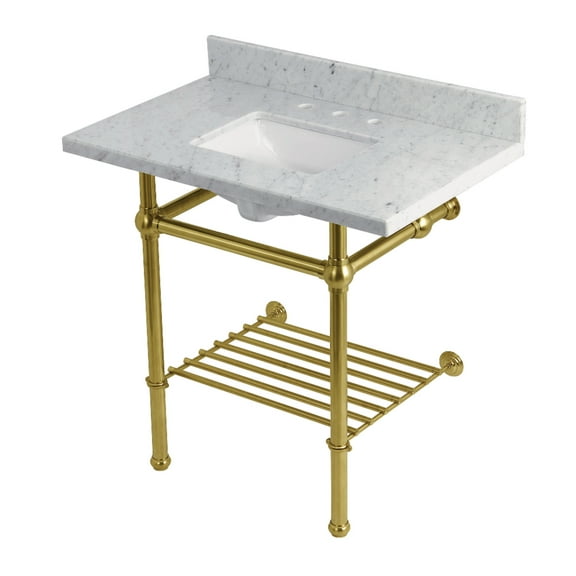 Kingston Brass KVPB36MBSQB7 Templeton 36" Carrara Marble Console Sink with Brass Legs and Shelf (8-Inch, 3-Hole), Carrara Marble White/Brushed Brass