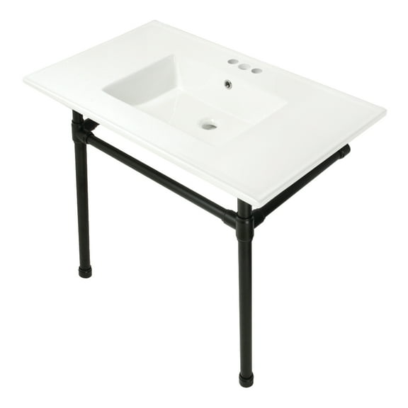 Kingston Brass KVPB37227W40 Dreyfuss 37" Ceramic Console Sink with Stainless Steel Legs (4-Inch, 3-Hole), White/Matte Black