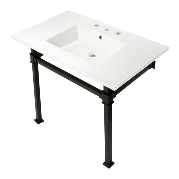 Kingston Brass KVPB37228Q0 Monarch 37" Ceramic Console Sink with Stainless Steel Legs (8-Inch, 3-Hole), White/Matte Black