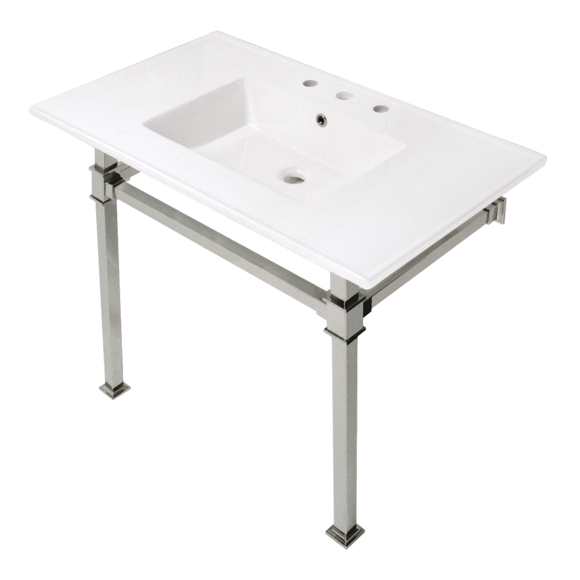 Kingston Brass KVPB37228Q6 Monarch 37" Ceramic Console Sink with Stainless Steel Legs (8-Inch, 3-Hole), White/Polished Nickel