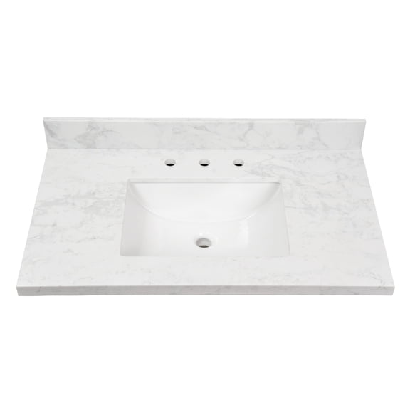 Kingston Brass KVPB3722W38CR Ferrara 37" x 22" Quartz Vanity Top with Rectangular Sink (8" Faucet Drillings), Quartz White