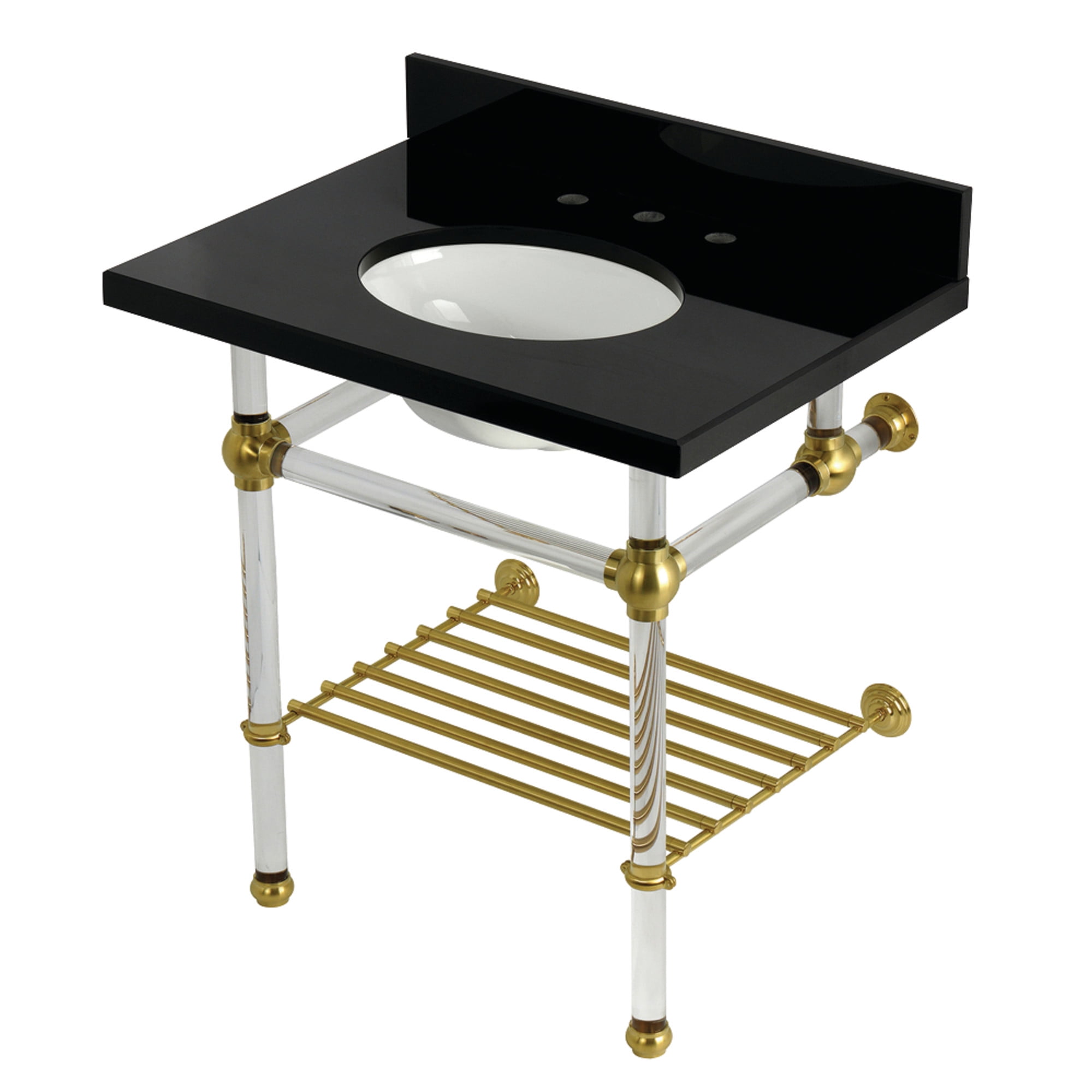 Kingston Brass KVPK3030KAB7 Templeton 30" Black Granite Console Sink with Acrylic Legs and Shelf (8-Inch, 3-Hole), Black Granite/Brushed Brass