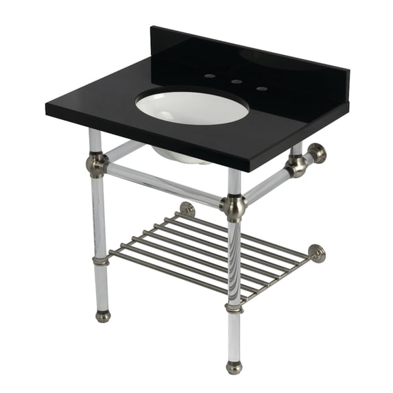 Kingston Brass KVPK3030KAB8 Templeton 30" Black Granite Console Sink with Acrylic Legs and Shelf (8-Inch, 3-Hole), Black Granite/Brushed Nickel