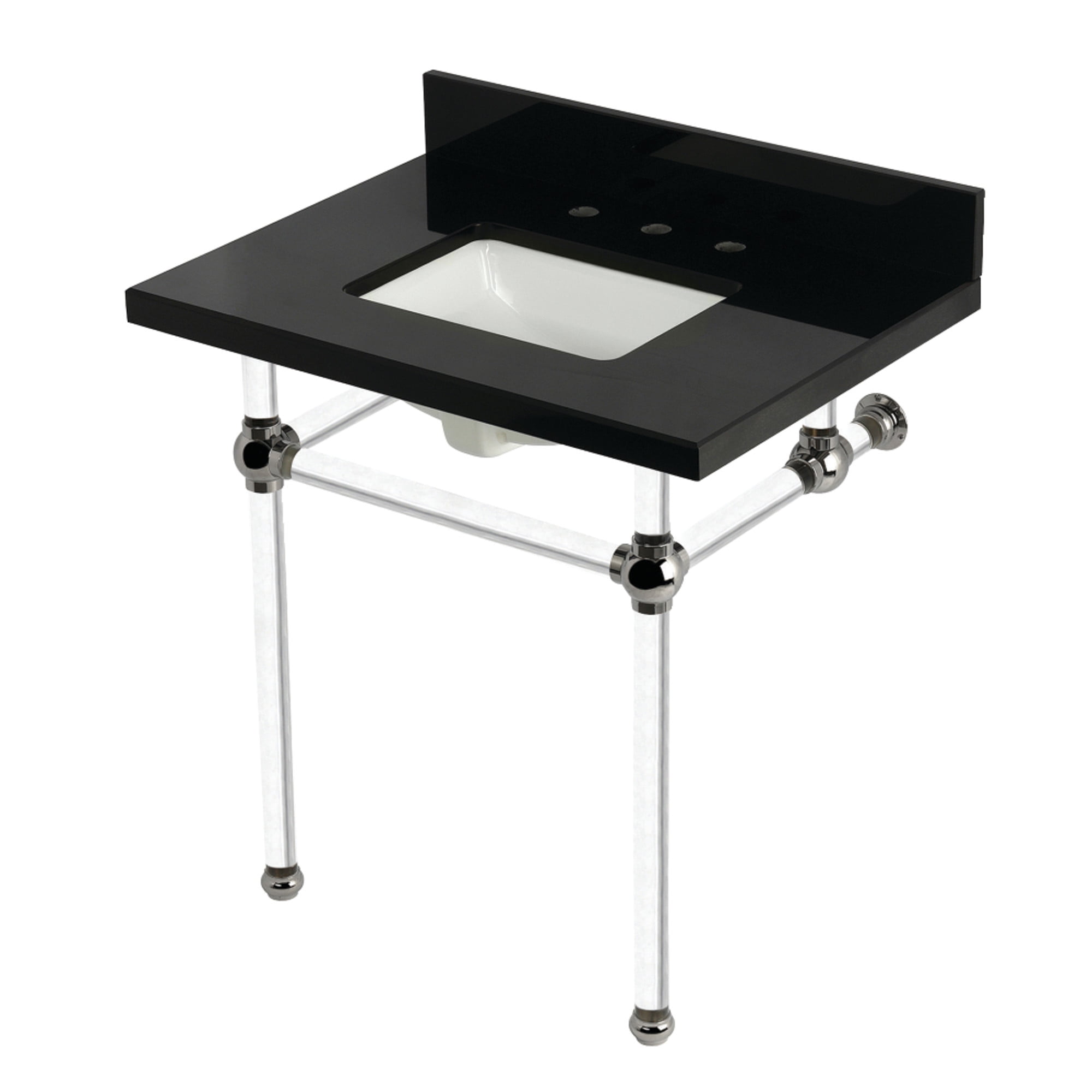 Kingston Brass KVPK3030KASQ6 Templeton 30" Black Granite Console Sink with Acrylic Legs (8-Inch, 3-Hole), Black Granite/Polished Nickel