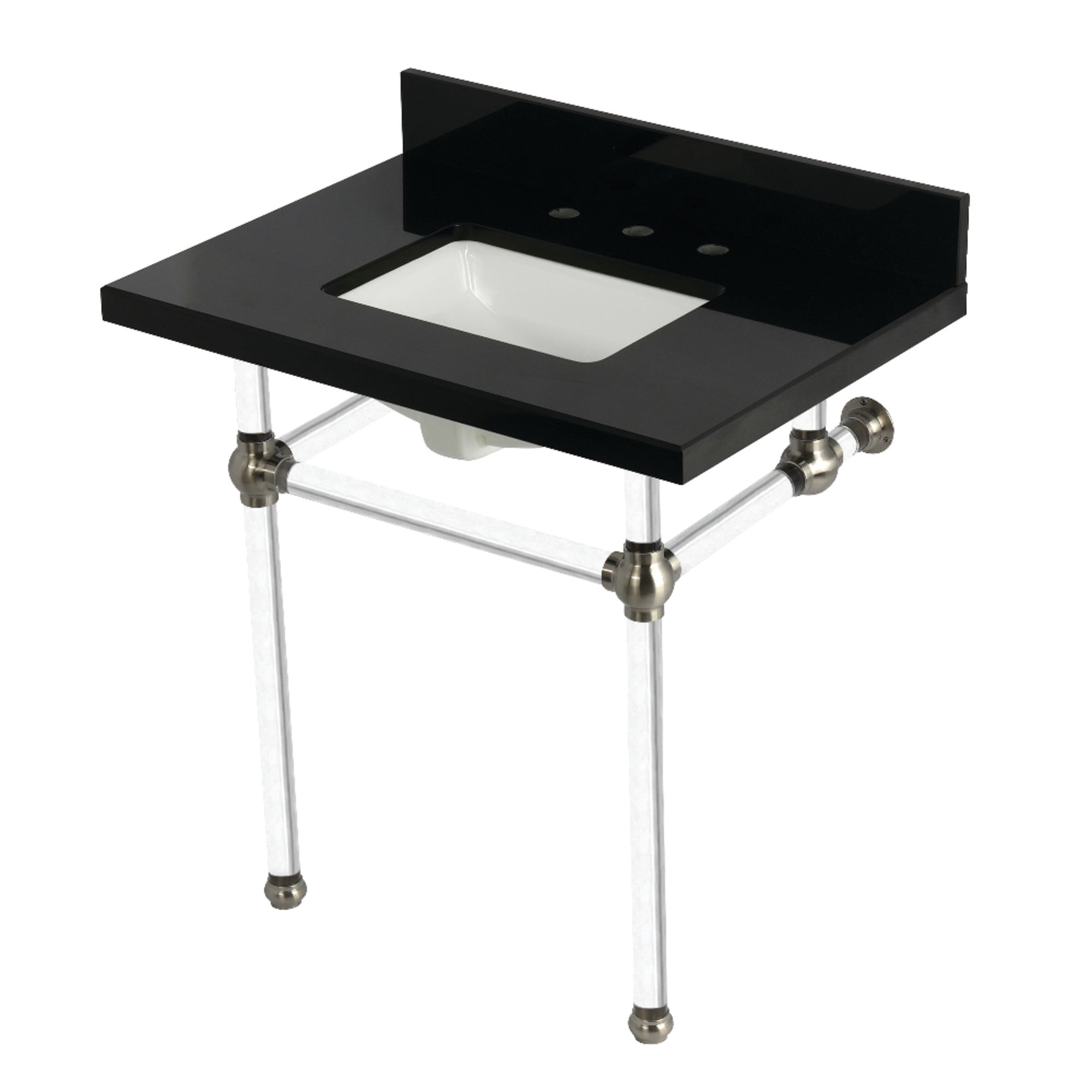 Kingston Brass KVPK3030KASQ8 Templeton 30" Black Granite Console Sink with Acrylic Legs (8-Inch, 3-Hole), Black Granite/Brushed Nickel