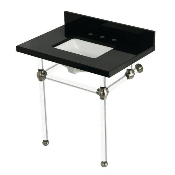 Kingston Brass KVPK3030KASQ8 Templeton 30" Black Granite Console Sink with Acrylic Legs (8-Inch, 3-Hole), Black Granite/Brushed Nickel