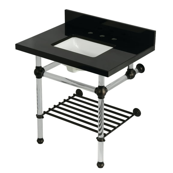 Kingston Brass KVPK3030KASQB5 Templeton 30" Black Granite Console Sink with Acrylic Legs and Shelf (8-Inch, 3-Hole), Black Granite/Oil Rubbed Bronze