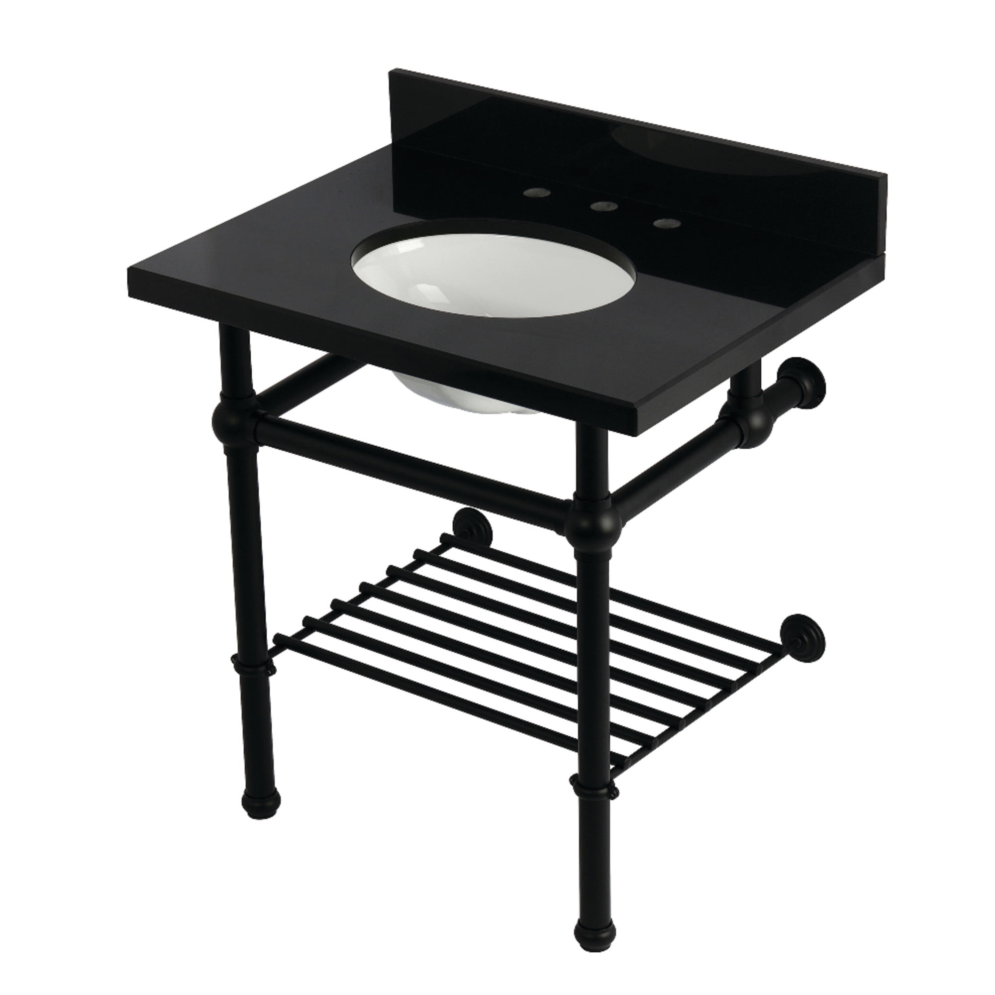 Kingston Brass KVPK3030KBB0 Templeton 30" Black Granite Console Sink with Brass Legs and Shelf (8-Inch, 3-Hole), Black Granite/Matte Black
