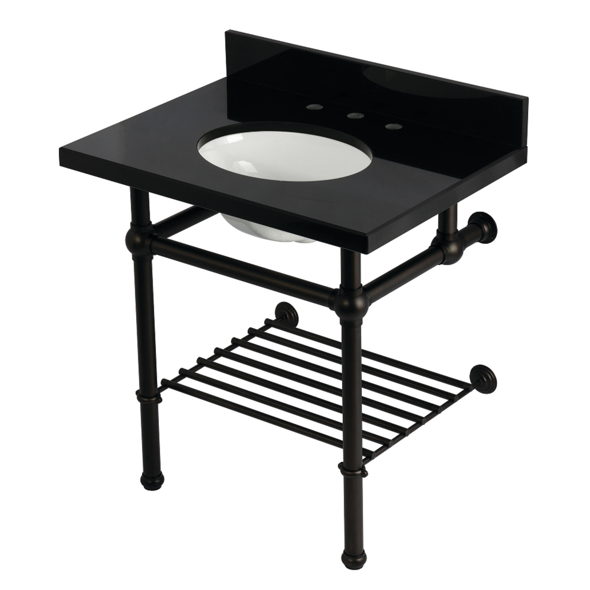 Kingston Brass KVPK3030KBB5 Templeton 30" Black Granite Console Sink with Brass Legs and Shelf (8-Inch, 3-Hole), Black Granite/Oil Rubbed Bronze