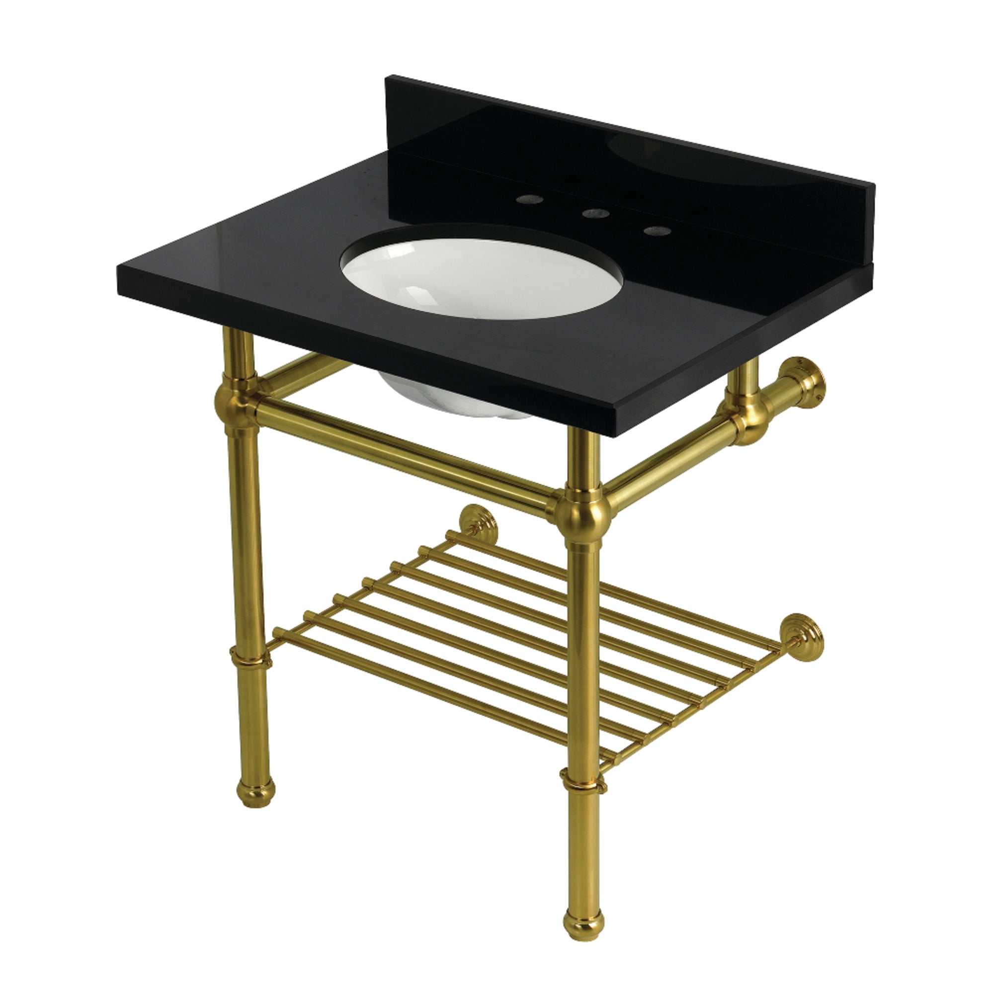 Kingston Brass KVPK3030KBB7 Templeton 30" Black Granite Console Sink with Brass Legs and Shelf (8-Inch, 3-Hole), Black Granite/Brushed Brass