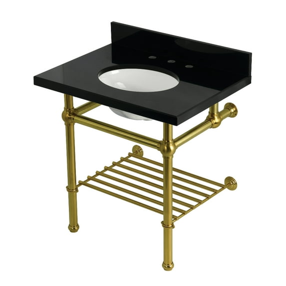 Kingston Brass KVPK3030KBB7 Templeton 30" Black Granite Console Sink with Brass Legs and Shelf (8-Inch, 3-Hole), Black Granite/Brushed Brass