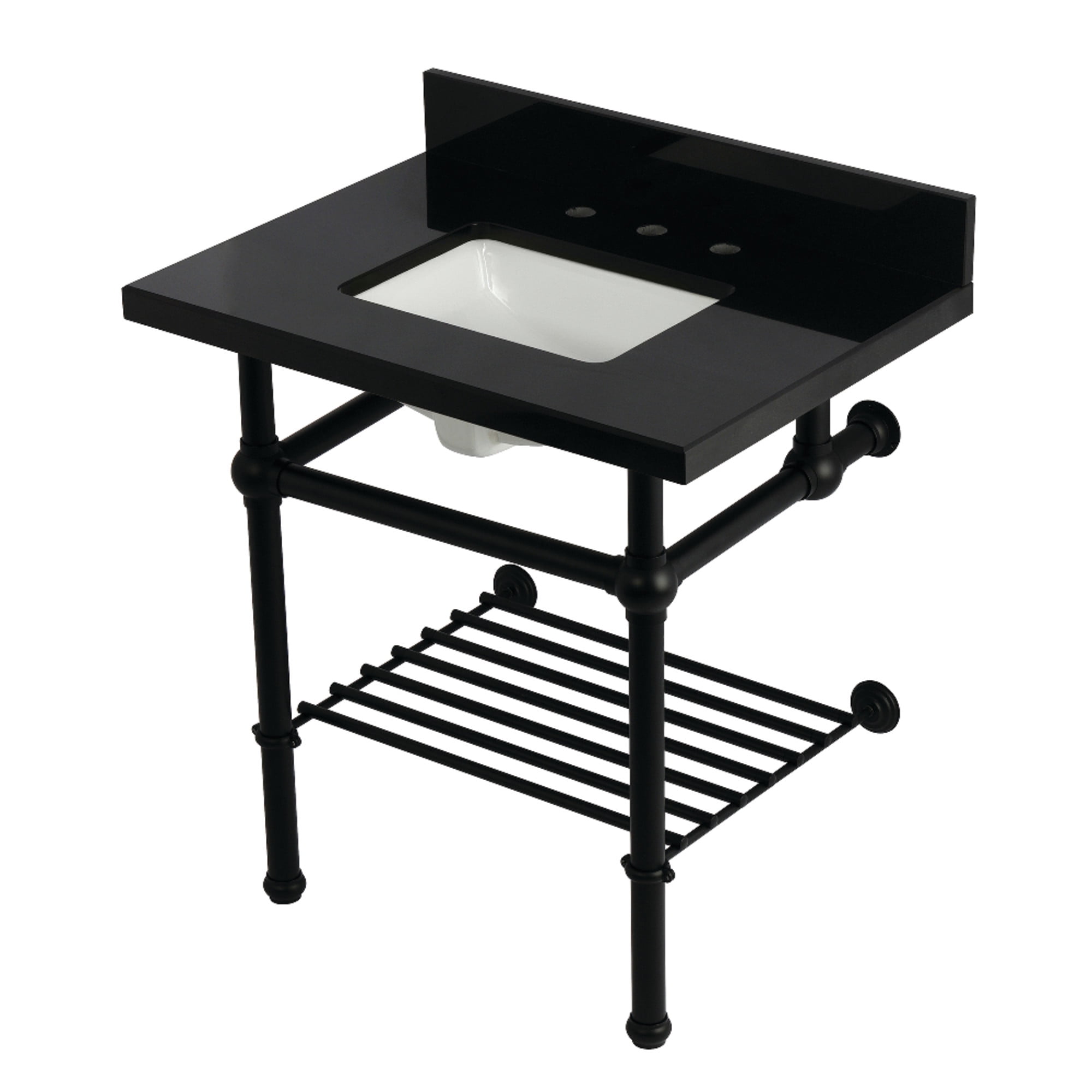 Kingston Brass KVPK3030KBSQB0 Templeton 30" Black Granite Console Sink with Brass Legs and Shelf (8-Inch, 3-Hole), Black Granite/Matte Black