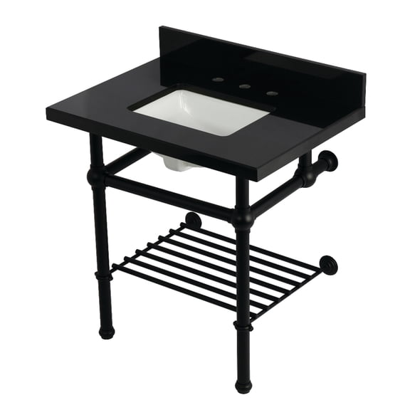 Kingston Brass KVPK3030KBSQB0 Templeton 30" Black Granite Console Sink with Brass Legs and Shelf (8-Inch, 3-Hole), Black Granite/Matte Black