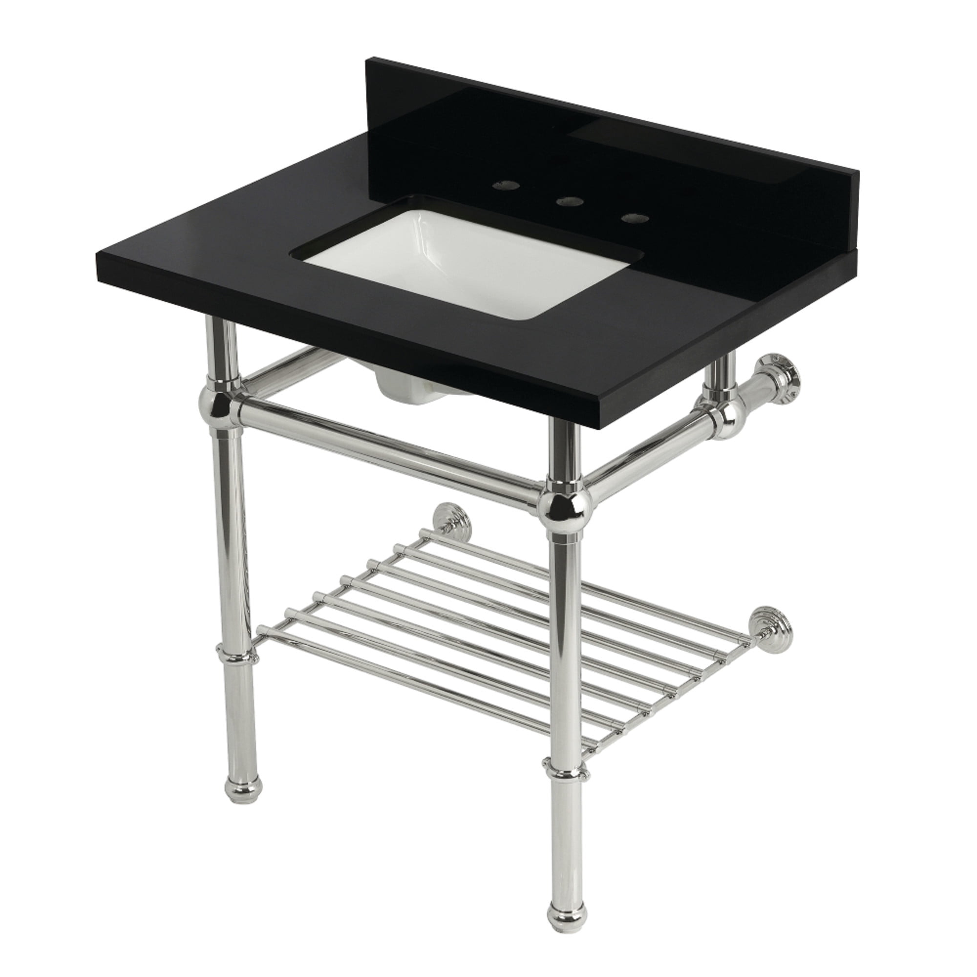 Kingston Brass KVPK3030KBSQB6 Templeton 30" Black Granite Console Sink with Brass Legs and Shelf (8-Inch, 3-Hole), Black Granite/Polished Nickel
