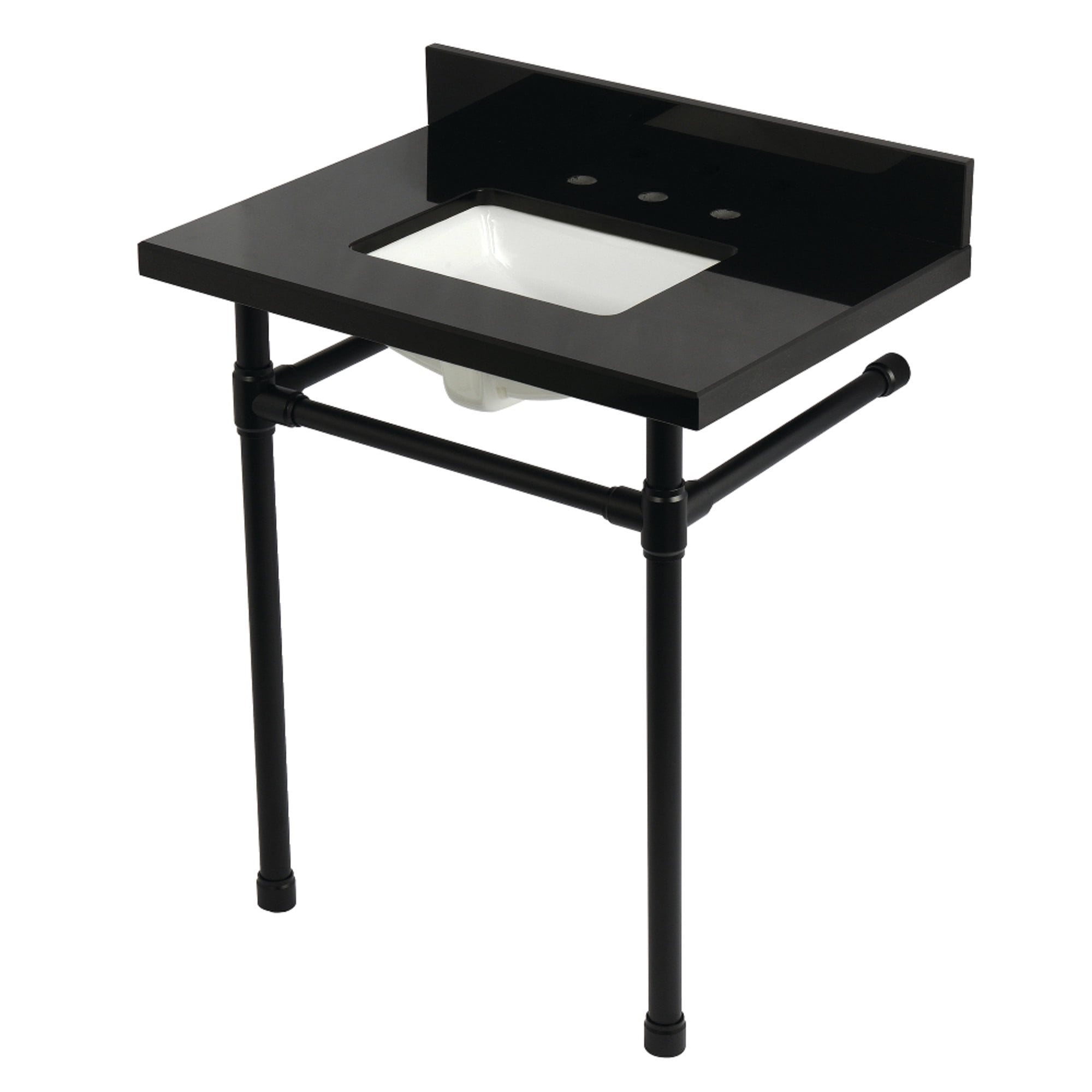 Kingston Brass KVPK30K8SQ0ST Dreyfuss 30" Black Granite Console Sink with Stainless Steel Legs (8-Inch, 3-Hole), Black Granite/Matte Black