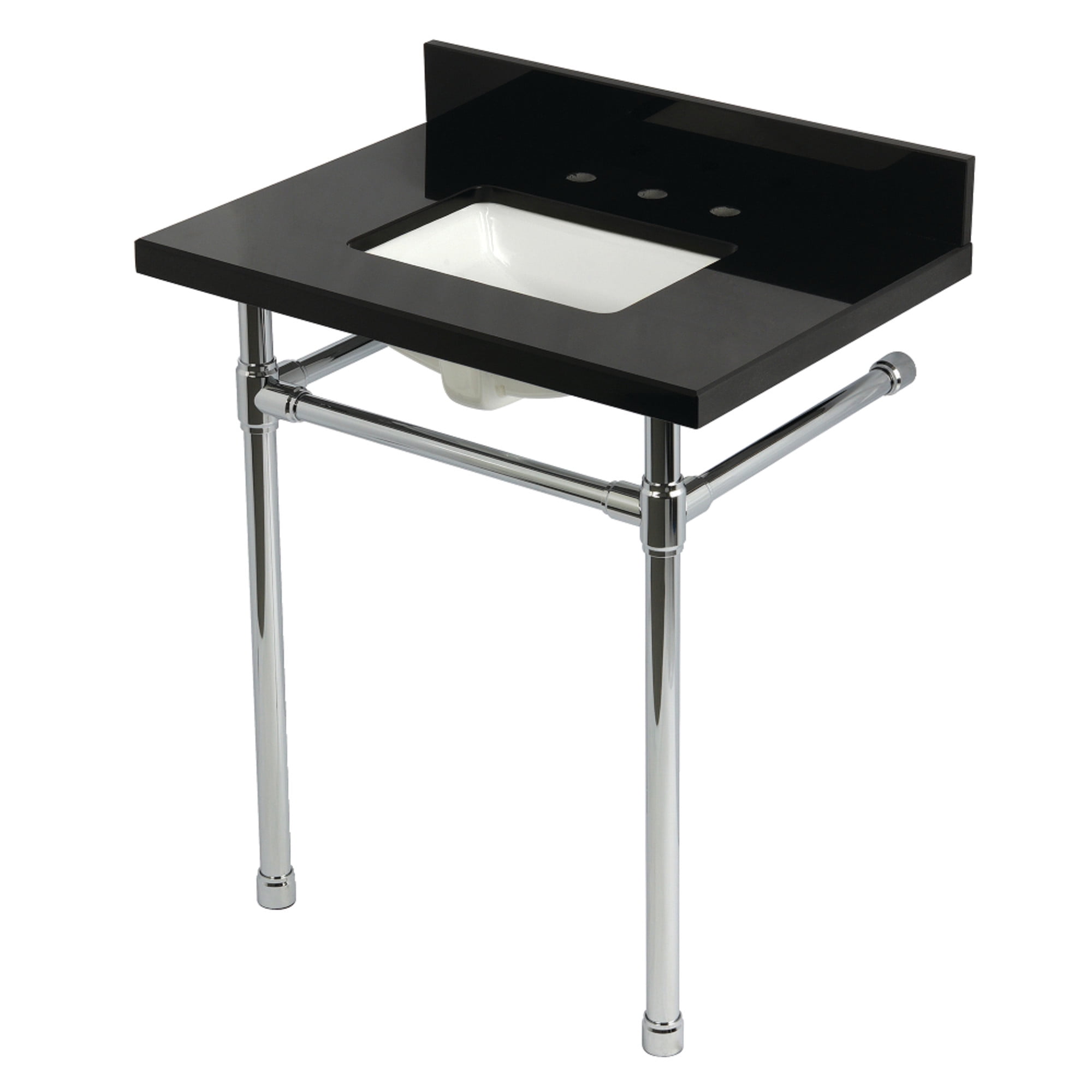 Kingston Brass KVPK30K8SQ1ST Dreyfuss 30" Black Granite Console Sink with Stainless Steel Legs (8-Inch, 3-Hole), Black Granite/Polished Chrome