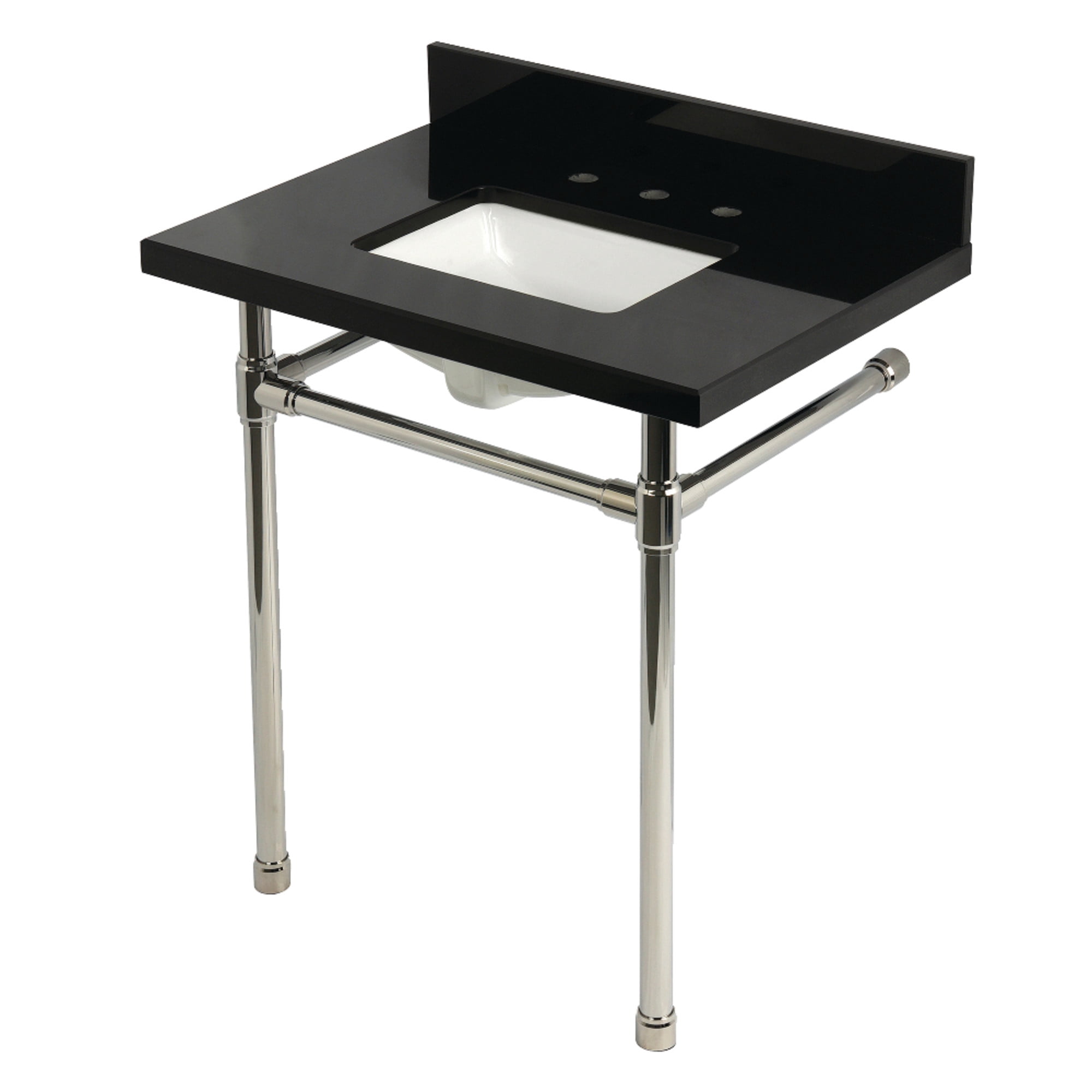 Kingston Brass KVPK30K8SQ6ST Dreyfuss 30" Black Granite Console Sink with Stainless Steel Legs (8-Inch, 3-Hole), Black Granite/Polished Nickel