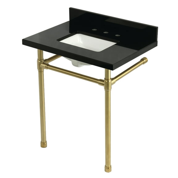 Kingston Brass KVPK30K8SQ7ST Dreyfuss 30" Black Granite Console Sink with Stainless Steel Legs (8-Inch, 3-Hole), Black Granite/Brushed Brass