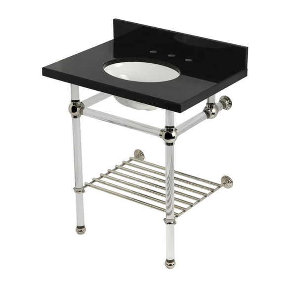 Kingston Brass KVPK30KAB6 Templeton 30" Black Granite Console Sink with Acrylic Legs and Shelf (8-Inch, 3-Hole), Black Granite/Polished Nickel