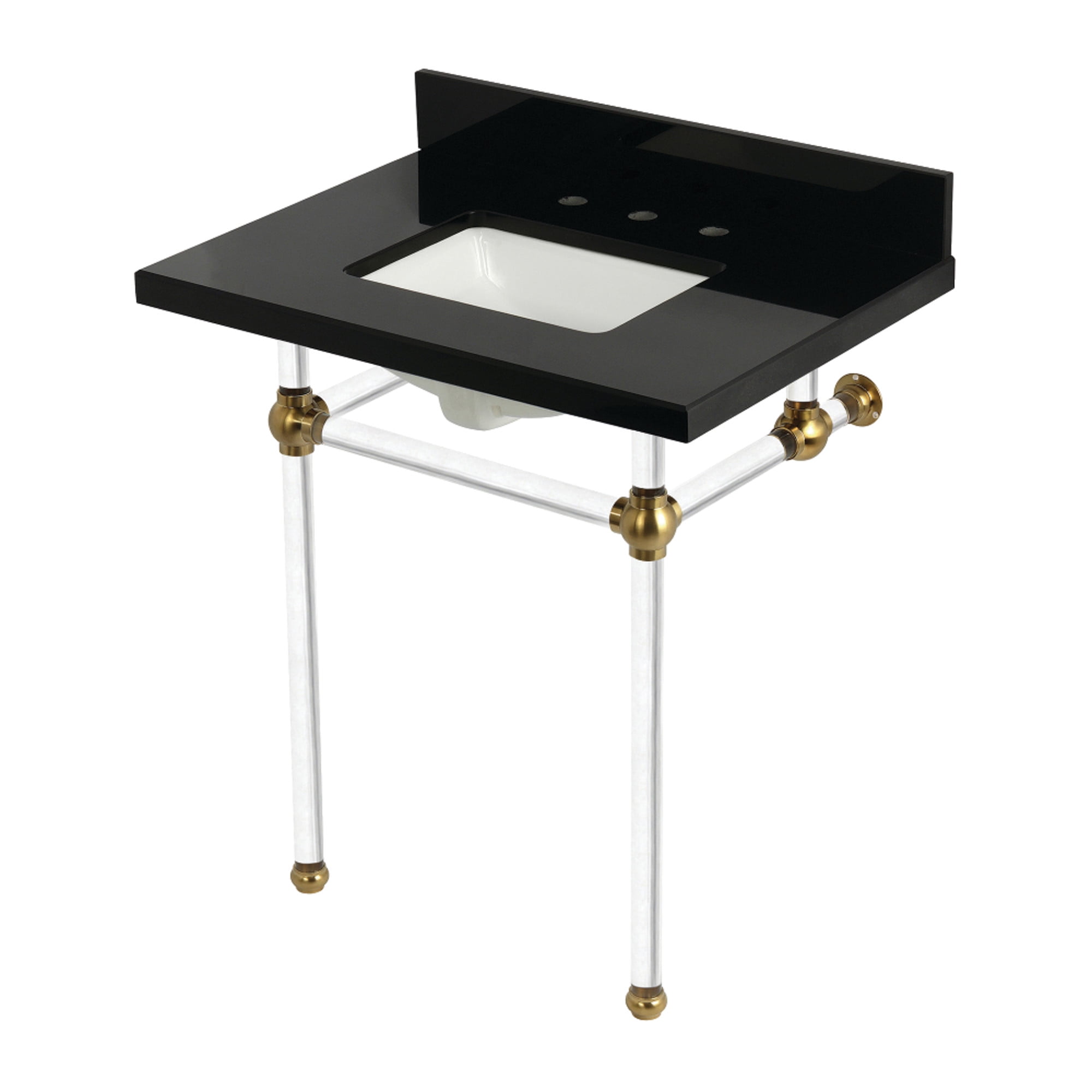 Kingston Brass KVPK30KASQ7 Templeton 30" Black Granite Console Sink with Acrylic Legs (8-Inch, 3-Hole), Black Granite/Brushed Brass