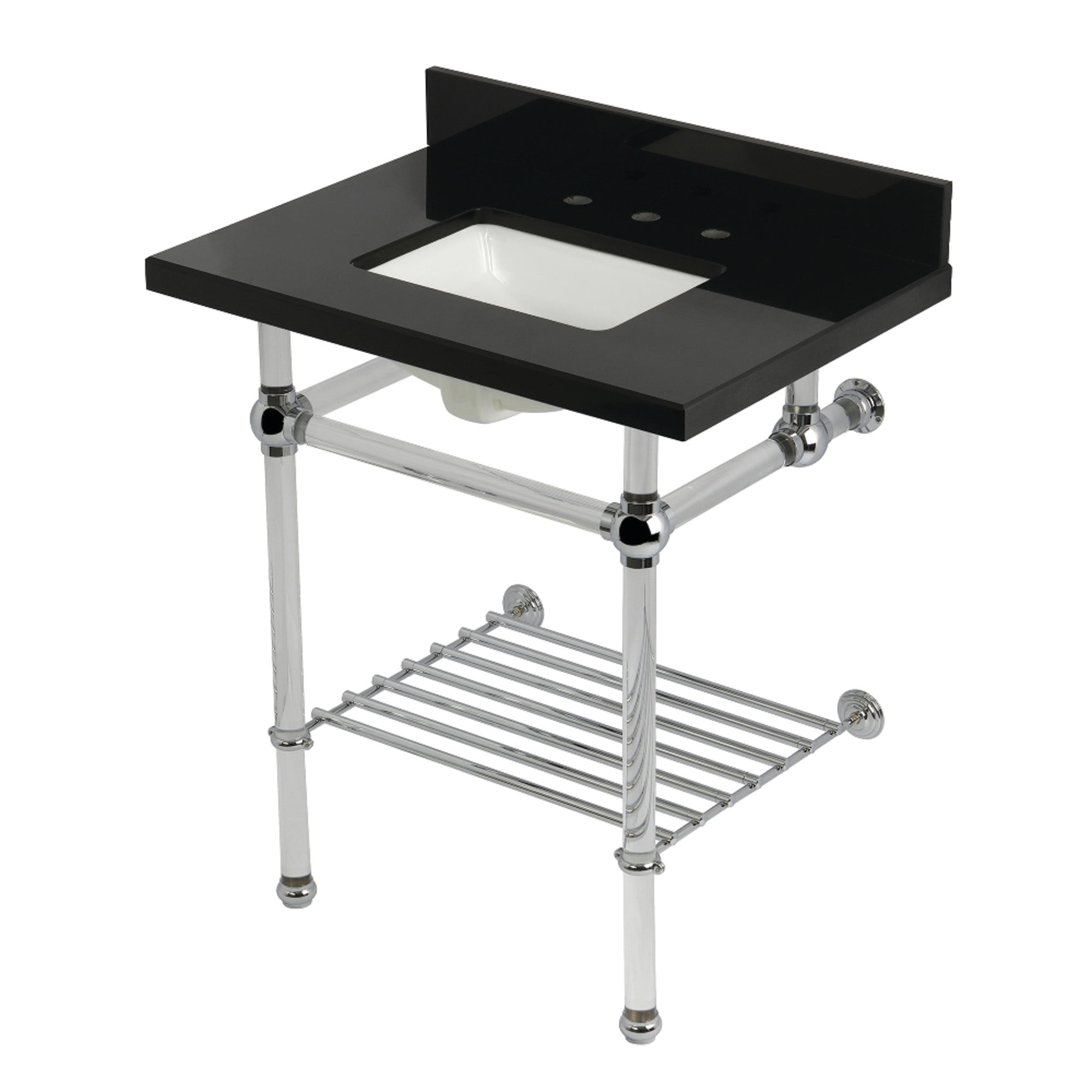 Kingston Brass KVPK30KASQB1 Templeton 30" Black Granite Console Sink with Acrylic Legs and Shelf (8-Inch, 3-Hole), Black Granite/Polished Chrome