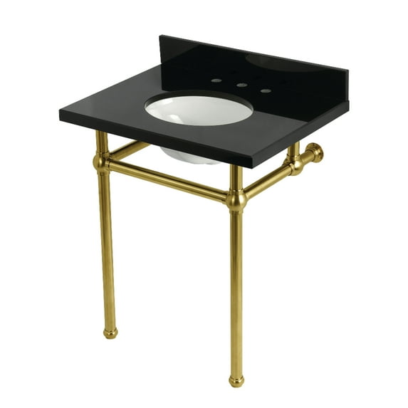 Kingston Brass KVPK30KB7 Templeton 30-Inch Black Granite Console Sink with Brass Legs (8-Inch, 3-Hole) in Black Granite/Brushed Brass