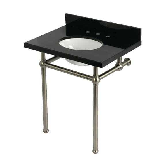 Kingston Brass KVPK30KB8 Templeton 30-Inch Black Granite Console Sink with Brass Legs (8-Inch, 3-Hole) in Black Granite/Brushed Nickel