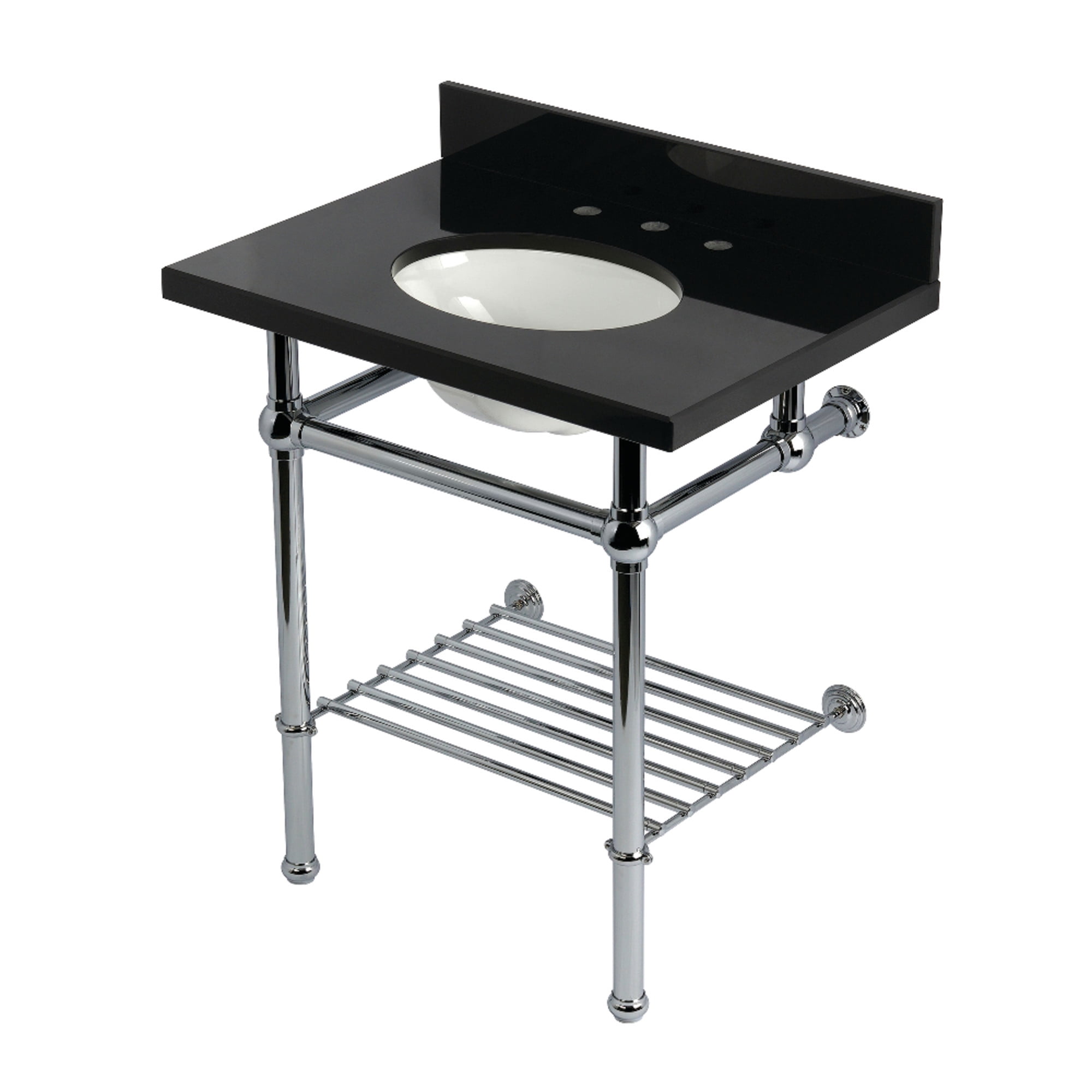 Kingston Brass KVPK30KBB1 Templeton 30-Inch Black Granite Console Sink with Brass Legs and Shelf (8-Inch, 3-Hole) in Black Granite/Polished Chrome