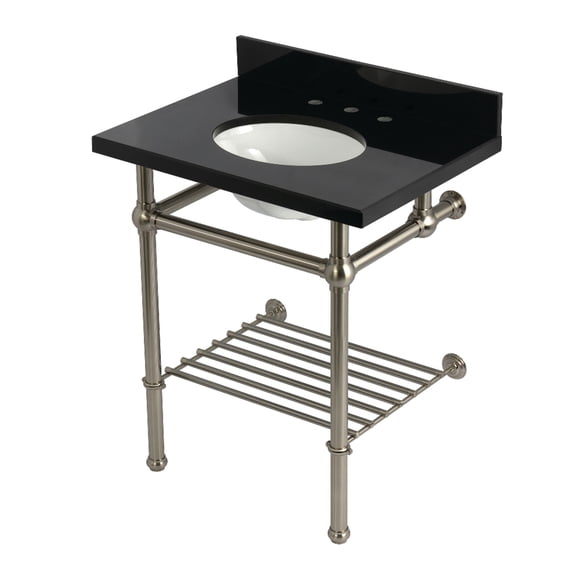 Kingston Brass KVPK30KBB8 Templeton 30-Inch Black Granite Console Sink with Brass Legs and Shelf (8-Inch, 3-Hole) in Black Granite/Brushed Nickel