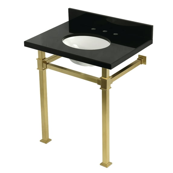 Kingston Brass KVPK30KOQ7 Monarch 30" Black Granite Console Sink with Stainless Steel Legs (8-Inch, 3-Hole), Black Granite/Brushed Brass