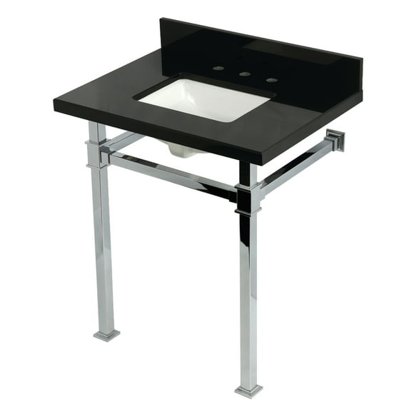 Kingston Brass KVPK30KSQ1 Monarch 30" Black Granite Console Sink with Stainless Steel Legs (8-Inch, 3-Hole), Black Granite/Polished Chrome