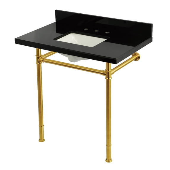 Kingston Brass KVPK36227K8SQ7 Imperial 36" Black Granite Console Sink with Stainless Steel Legs (8-Inch, 3-Hole), Black Granite/Brushed Brass